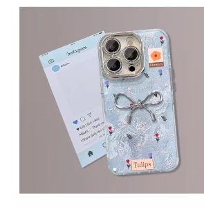 Trường hợp đối với iPhone 16 Pro Max 15Promax 14 13 12Promax 11Promax Ốp cứng với bộ phim bảo vệ màu xanh & hồng nơ Màu bạc Tie Shine cô gái 2025newyear