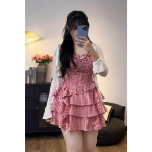 Sweet French Style Oversize Ruffle Hem Dress Womens Summer Slimming Cute Strap+Half Skirt Three-piece Set A-line Skirt Long Sleeve One-shoulder