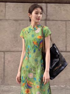 PAIBOLI | Retro Improved Qipao Style Elegant Green Printed Slimming Minus Age Dress