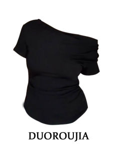 เสื้อยืดแขนสั้นทรงเข้ารูปสีดำสำหรับผู้หญิงไซส์ใหญ่ สไตล์ฝรั่งเศส วินเทจ เซ็กซี่ กระโปรงทรงเอเข้ารูป เสื้อผ้าทำงานฤดูร้อน