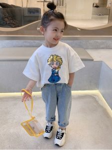 Girls Cotton Glitter Elsa Princess Short Sleeve T-Shirt Changeable Pattern Childrens Summer Sweat Absorbent round Neck Top