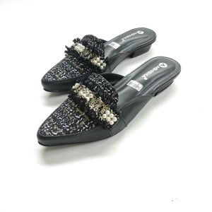 Sandal Mules Slop Wanita Kekinian Hak 3cm Variasi Payet Renda Sendal Heels Slip-On Perempuan Trendy