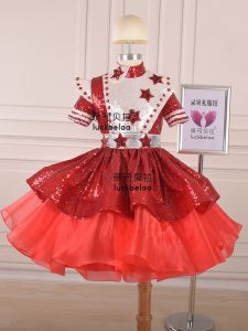 ชุดเดรสเจ้าหญิงสั้นทรงเอสีแดงสำหรับเด็ก ชุดเต้นรำ ชุดการแสดง ชุดราตรียาวปานกลาง ชุดเด็กผู้หญิง ชุดเจ้าหญิงสีแดง