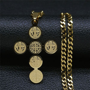 2023 Fashion Stainless Steel Cross Necklace for Women Men Saint Benedict Gold Color Necklaces Jewelry Gifts collar cruz N3450S05