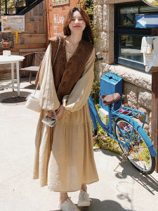 Loose Korean Style Suede Dress Set Two-Piece Set Large Size Autumn Long Sleeve U-Neck A-Line Skirt And Top for plus Size Women