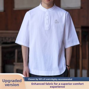 JIARONG | Henry Collar Short Sleeve T-Shirt Summer Lightweight Mixed Fabric Five-quarter Sleeve