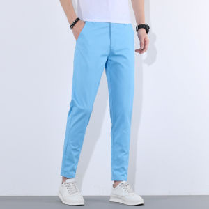 New 2025 Mens Slim Fit Casual Pants Thin Cotton Elastic Yellow Summer Fashionable Nine Points Trousers Breathable Comfortable