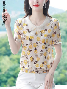 WANGGONGZHU | เสื้อเชิ้ตผ้าชีฟองไหมแขนสั้นสำหรับคุณแม่ แฟชั่นฤดูร้อน 2025 ใหม่ เสื้อผ้าทำงานสไตล์เกาหลี ทรงตรง ปกคอกลม เสื้อผ้าทำงาน