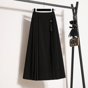 New Chinese Style High Waist A-Line Long Skirt Womens Spring Autumn plus Size Design Sense Pleated Skirt Commute Retro