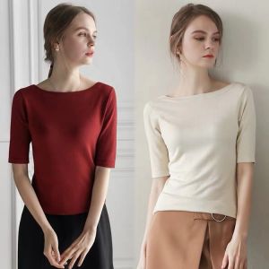 Summer 2023 Womens Ice Silk Knitted Base Shirt Half Sleeve One Shoulder Slim Fit Pure Color Top Korean Style Commute Fashion