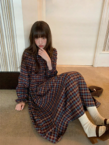 NIHAOKANONG | Đầm Plaid Cổ Asymmetric Vintage Ngọt Ngào Nữ