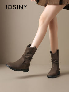 Josiny | Thick Heel Western Boot Medium Shaft Thin Fleece