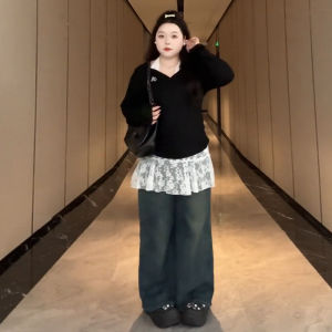 พลัสไซส์ ลูกไม้ คอ คอเต่า ชุดสองชิ้น ผู้หญิง ฤดูใบไม้ร่วง สวมใส่ด้านใน สลิมฟิต หวาน สไตล์ปรารถนาบริสุทธิ์เผ็ด เสื้อท่อนบน และด้านล่าง