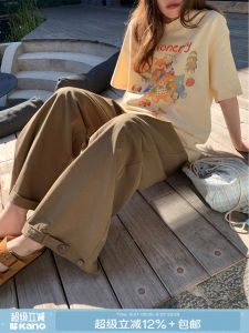 Retro American Style Adjustable Waistband High Waist Straight Leg Casual Pants for Women
