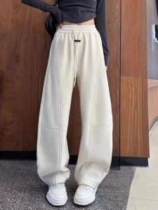 Floor-Length Knife-Shape Pants Womens Autumn Winter Loose High Waist Straight Leg Banana Trousers Casual Pants in Beige Color