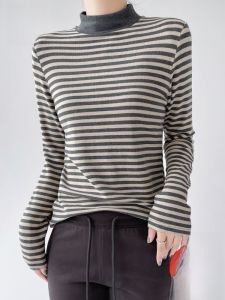 MiiOW | Womens Slim Fit Long Sleeve Base Shirt Half High Collar Inner Wear Striped Top Cat Person Warm Autumn Winter New Style MiiOW