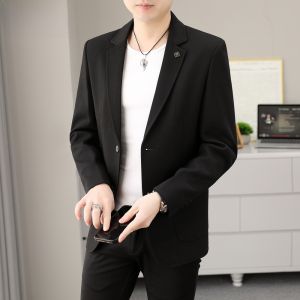 HENGYUANXIANG | เสื้อสูทผู้ชายแบบลำลองบาง ทรงปกติ ฤดูใบไม้ผลิและฤดูใบไม้ร่วง ปกโปโล กระดุม ไม่ต้องรีด เสื้อสูทผู้ชาย