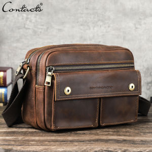 CONTACTS Genuine Leather Vintage Crossbody Shoulder Bag Men Casual High Capacity Handbag Male Travel Sling Bags for 8.3 inch iPad