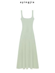 Aying Home【Lazy Persons Good News】Summer Strap Dress Pure Color Waist-Cinching Square Neck Vest Dress Versatile A-Line Skirt