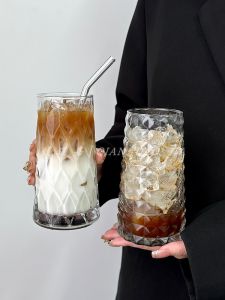 Retro Diamond Coffee Cup Glass Beverage Milk Latte Bubble Water Cup High Aesthetic Value Nordic Style Universal Transparent