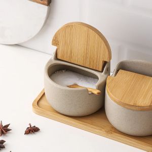 JUSTINLAU Simple Ceramic Seasoning Jar Bamboo Lid Spice Jar with Spoon Kitchen Sugar Salt Spices Storage Box Household Container