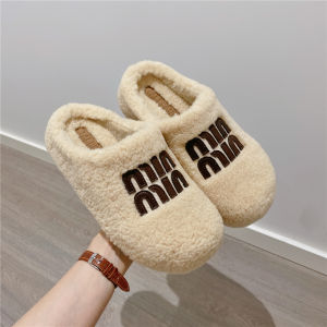 Fleece Lined Fur Slippers Womens Winter Warm Thick Bottom Platform Half Slippers Cotton Slippers Korean Style Flat Heel