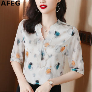 AFEG new Korean version of the V-neck fashion loose and thin silk printed short-sleeved blouse for women