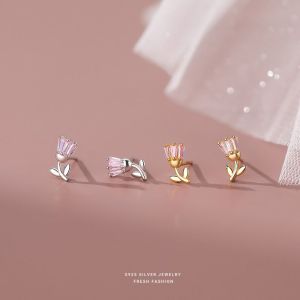 Pure Silver S925 French Vintage Tulip Earrings Luxury Minimalist Personality Pink Zircon Design Ear Jewelry for Women