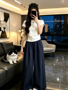 SENWA | Korean Style White Polo T-shirt and Wide Leg Pants Set