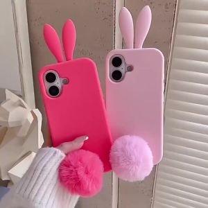 Ốp Điện Thoại Hình Thỏ Hoạt Hình 3D Dễ Thương Chất Liệu Lông Mềm Mại Màu Trơn Silicon Mềm Chống Sốc Tương Thích Với Nhiều Mẫu Máy iPhone