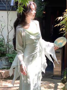 สไตล์จีนใหม่อ่อนโยน ผ้าชีฟอง ผู้หญิง ฤดูร้อน เสื้อผ้ากันแดดพร้อม สายคล้อง เดรสด้านนอกไหล่เล็ก เสื้อท่อนบน ปกบางไม่สม่ําเสมอ