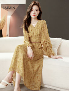 AMMIN เดรสหวานๆแฟชั่น 2023 ชุดเดรสชีฟองแขนกระดิ่ง 20 วินเทจเอว สูง - เข่า