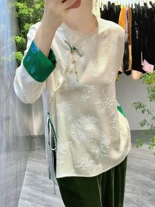 Áo Sơ Mi Nữ Họa Tiết Hoa Cao Cấp Phong Cách Mới Trung Hoa Cổ Đứng Tay Dài Thường Ngày Mùa Xuân Thu Màu Trơn Polyester