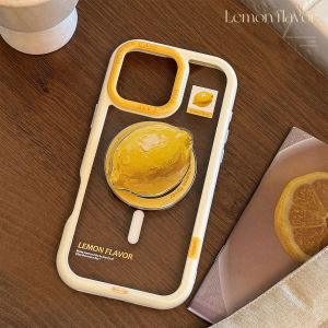 Magnetic Lemon Yellow Phone Case with Stand White Edge for iPhone 11/12/13/14/15/16/17 pro Max Simple Artistic Cute Girl Heart