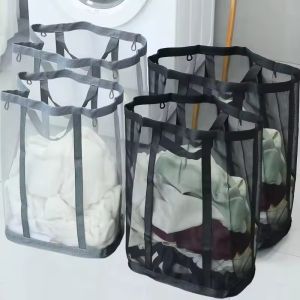 45/50L Nylon Mesh Laundry Basket Breathable Foldable Dirty Clothes Organizer Large Capacity Laundry Basket with Handle Wall Mounted Bag