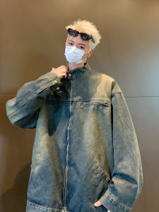 แจ็คเก็ตยีนส์ทรงหลวมสไตล์ย้อนยุคสีน้ำเงิน ทรงหลวม สไตล์ลำลอง แจ็คเก็ตคอตั้ง แจ็คเก็ตยีนส์ฤดูใบไม้ร่วง เสื้อผ้าผู้ชาย