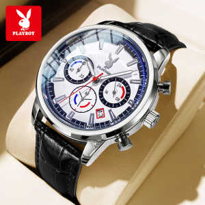 PLAYBOY นาฬิกา ผู้ชาย 100% แท้ แฟชั่น สไตล์เกาหลี สายหนัง โครโนกราฟนาฬิกา ส่องสว่าง นาฬิกาข้อมือผู้ชาย