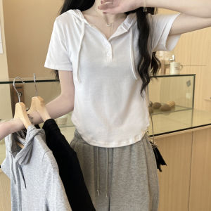 Summer Short Sleeve T-Shirt Womens Regular Cotton Threaded High Waist Short Style Hooded Irregular Arc Hemline Casual Top