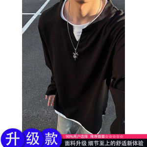 เสื้อยืดคอกลมแขนยาวสไตล์ย้อนยุคอเมริกันสำหรับผู้ชาย เสื้อเชิ้ตทรงหลวมสวมใส่ในฤดูใบไม้ร่วง เสื้อคลุมกันหนาวลายสก็อตแบบสวมหัว