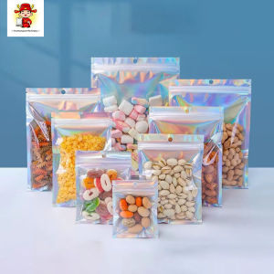 50/100pcs Laser Holographic Bags with Front Window Reusable for Jewelry Candy Zipper Pouch Christmas New Year Festival Gifts
