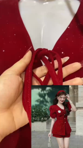 Set đỏ cổ V phối cúc ngọc đồ tiểu thư bánh bèo đi Noel xinh set dự tiệc mặc Tết Nhung Đỏ Kim Tuyến Bling áo cổ V đính hoa tay phồng nơ mix quần short