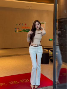 High Waist Slim Fit Jeans Womens Simple White Butt Lifting Micro Flared Denim Pants Elastic Cotton Stretch Autumn Ladies Jeans