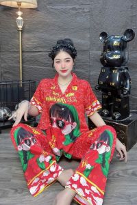 Bộ Ngủ Nữ Lụa Latin Tơ Tằm Họa Tiết Tết Áo Tay Dài Quần Dài Free Size 40-60 kg