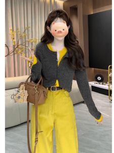 BINKAFENNY | เสื้อคาร์ดิแกนถักสีเหลืองสำหรับผู้หญิง เสื้อคลุมกันหนาวแบบสั้น ชุดทำงานสไตล์เกาหลี ฤดูใบไม้ร่วง 2024 ปกติ