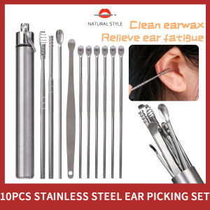ชุดตักหูเหล็กสแตนเลสสิบชิ้นสไตล์ธรรมชาติแบบพกพาที่ทำความสะอาดหูเครื่องมือแคะหูแบบพกพา