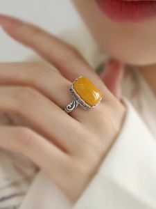 S925 Pure Silver Square Amber Sugar Ring Adjustable Vintage Style for Women  out New Fashion Jewelry Accessories