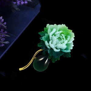 Elegant Green Peony Brooch Pin for Women Vintage Stylish Imitation Agate Flower Pin Simple Elegant Chest Flower Accessory