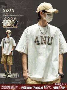 เสื้อยืดคอกลมแขนสั้นผ้าฝ้ายแท้สีขาวสำหรับผู้ชายในช่วงฤดูร้อน ทรงหลวม ทรงอเมริกัน ปักลาย เสื้อยืดคอกลมแขนสั้นสไตล์วัยรุ่น