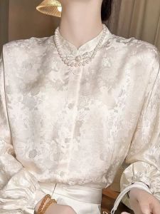 European Goods Foreign Trade Womens Clothing Export Fashion Long Sleeves New Chinese Style Retro Tops Womens Jade Hare Embroidered Stand Collar Satin Shirt