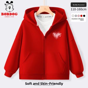 Red Hooded Jacket Childrens Spring Autumn Sporty Open Cardigan Coat for Boys And Girls Cotton Polyester Blend Casual Wear